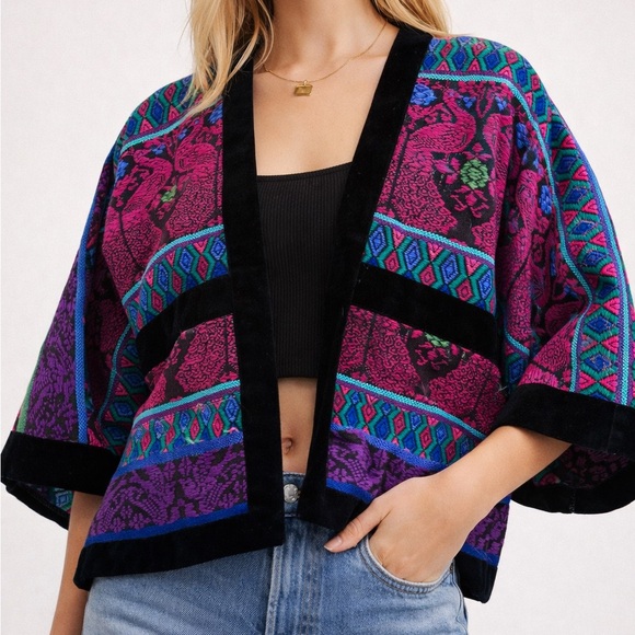Vintage Jackets & Blazers - Vintage Cottage Industry Guatemalan Tapestry Jacket Cropped Open Front